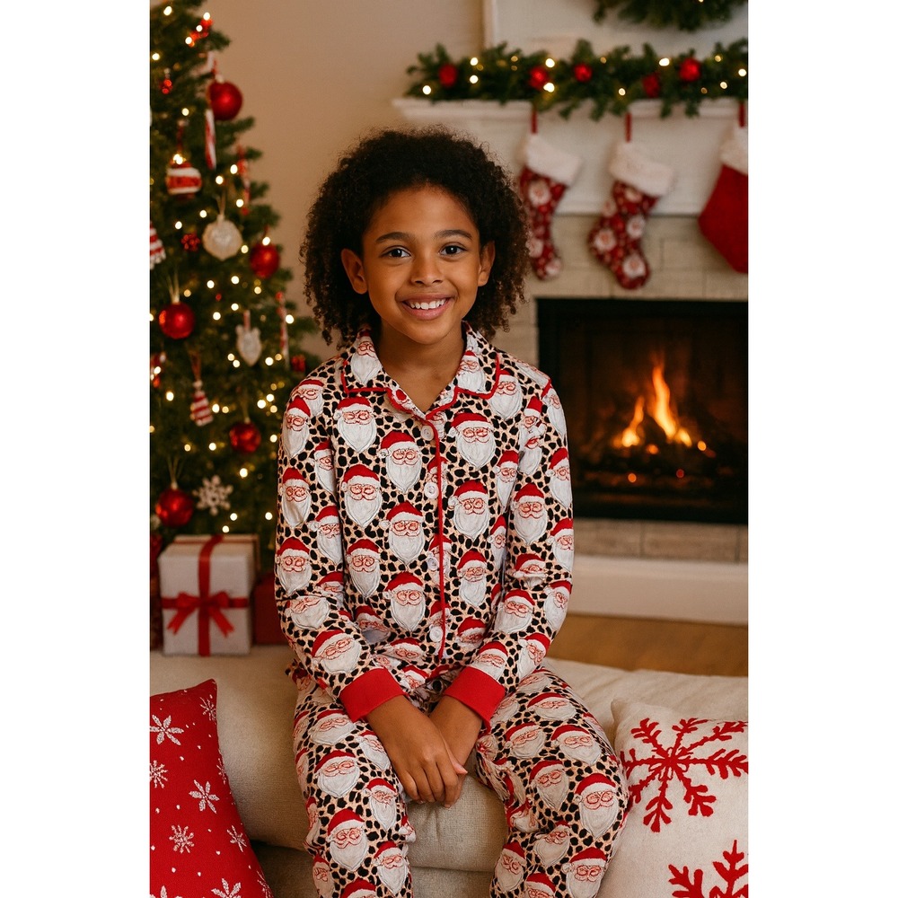 Girls 10–12T Christmas Pajama Set 5XL Santa Leopard‎ Print Button Front 2-Piece